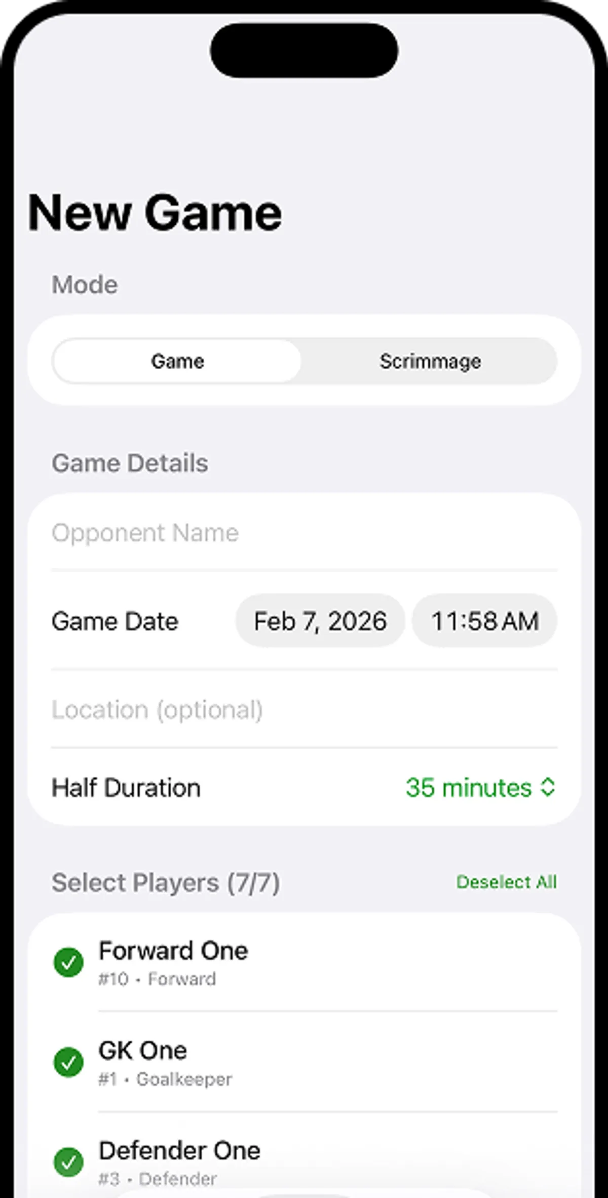 New game setup screen