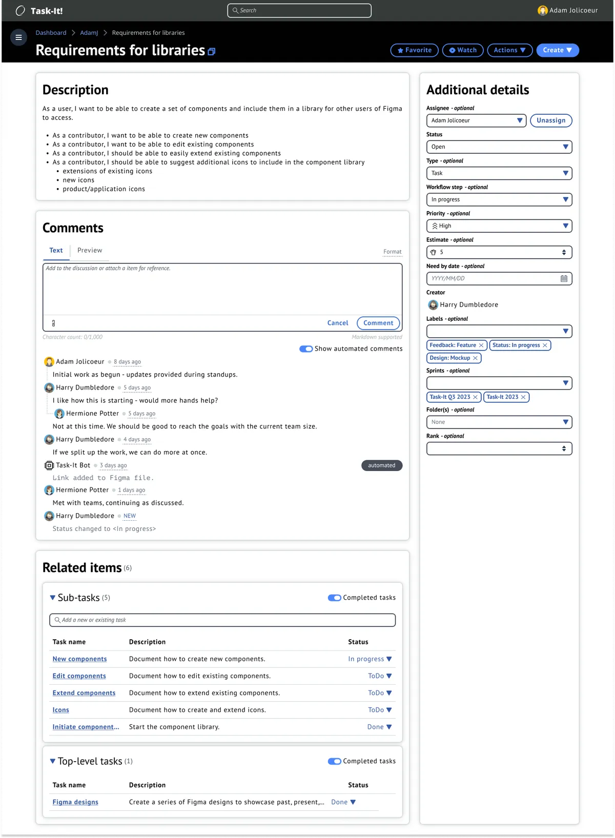 The first task details mockup